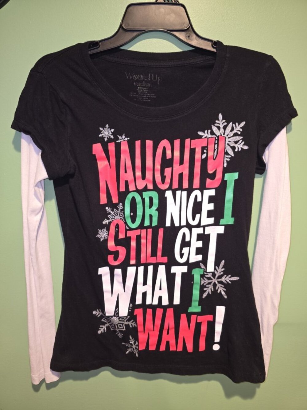 Juniors Christmas Shirt Naughty Or Nice I Still Get What I Want Size Medium